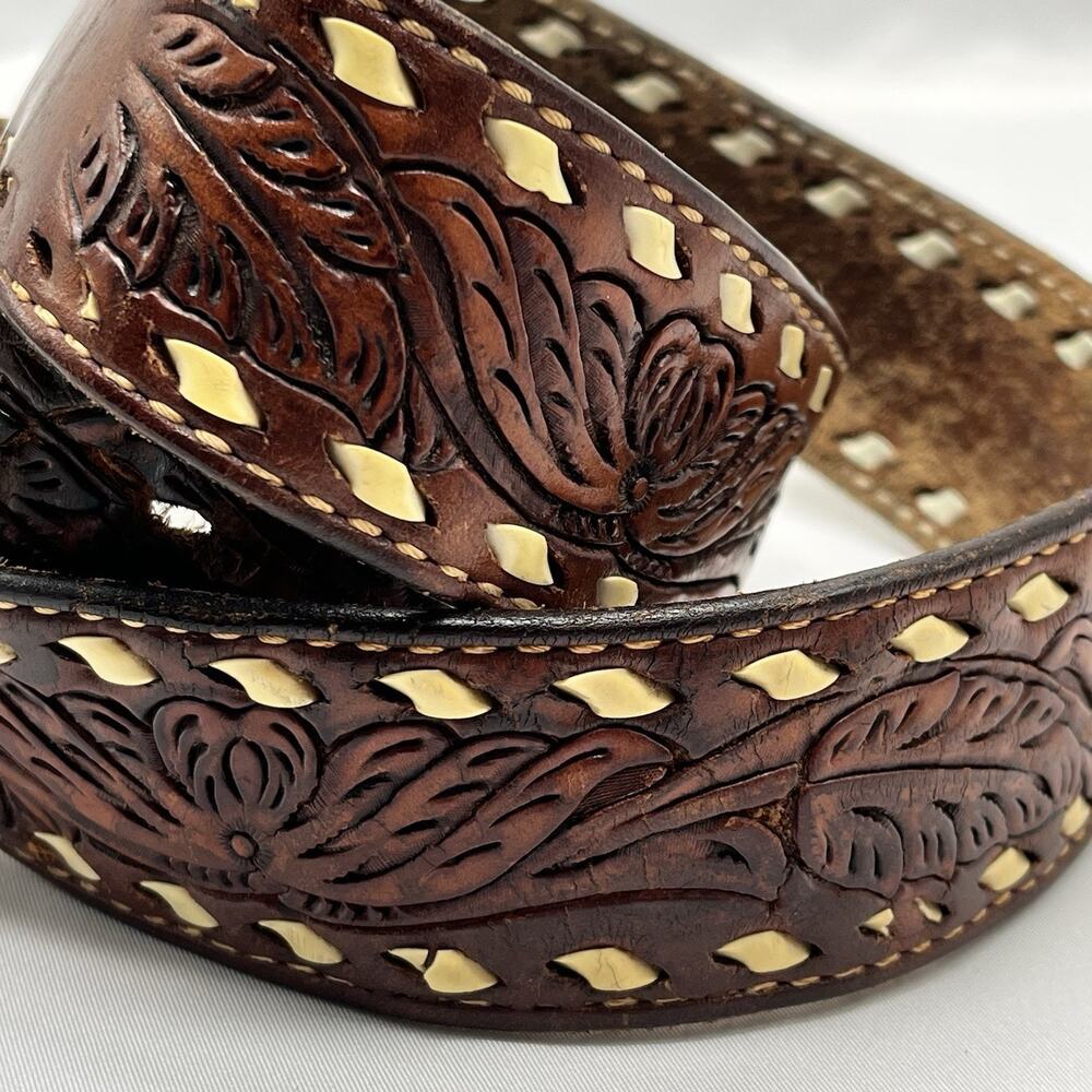 Vintage Western Leaf Tooled Leather Laced Belt & Buckle Cowboy "BJ" Rodeo Sz 34